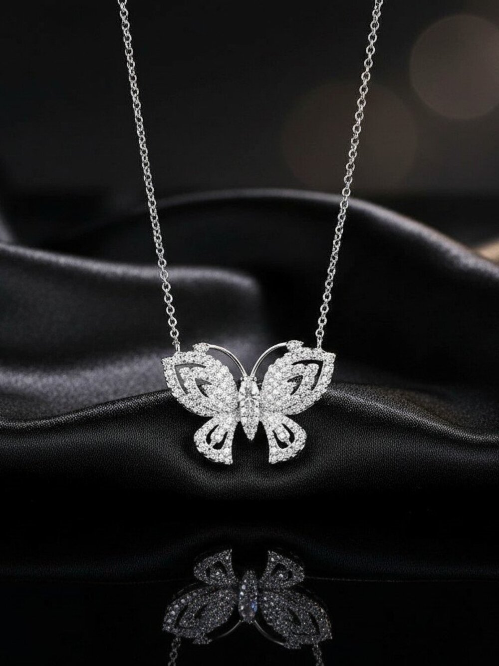 18K White Gold-Plated Adjustable Crystal Butterfly Necklace Made with Swarovski